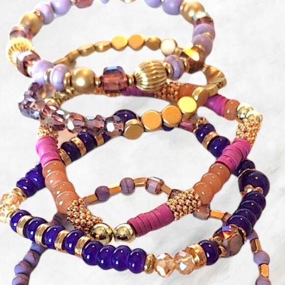 Purple Pink and Goldtone Stacking Bracelets Sparkle Stretchy 5 Pc Gem Ta… - Picture 8 of 12